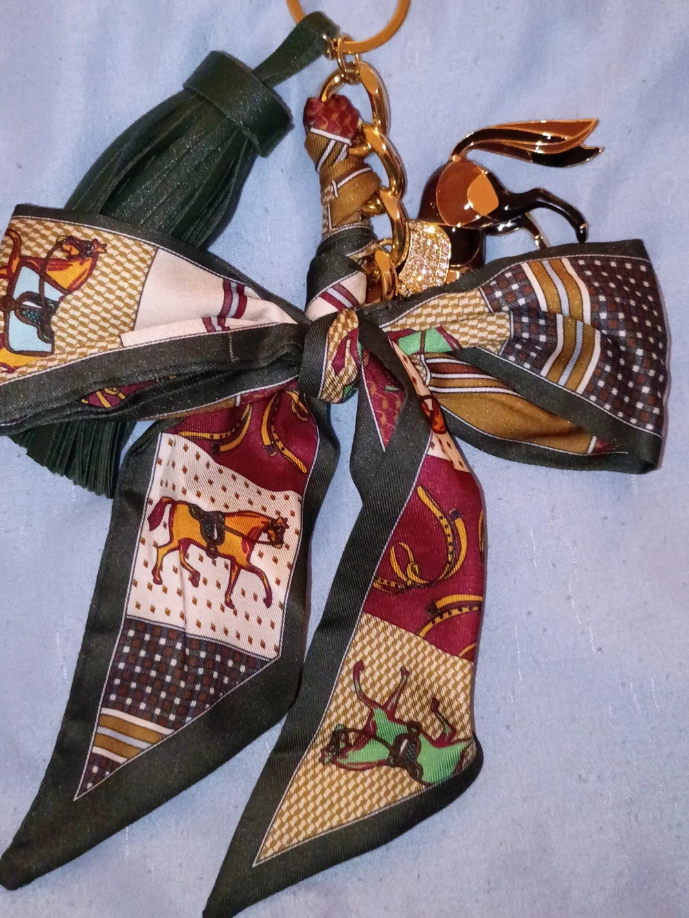 Gold Equestrian Horse Charm Keychain with Green Tassel and Multicolor Scarf